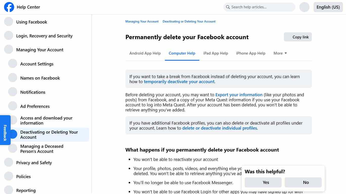Permanently delete your Facebook account Facebook Help Center