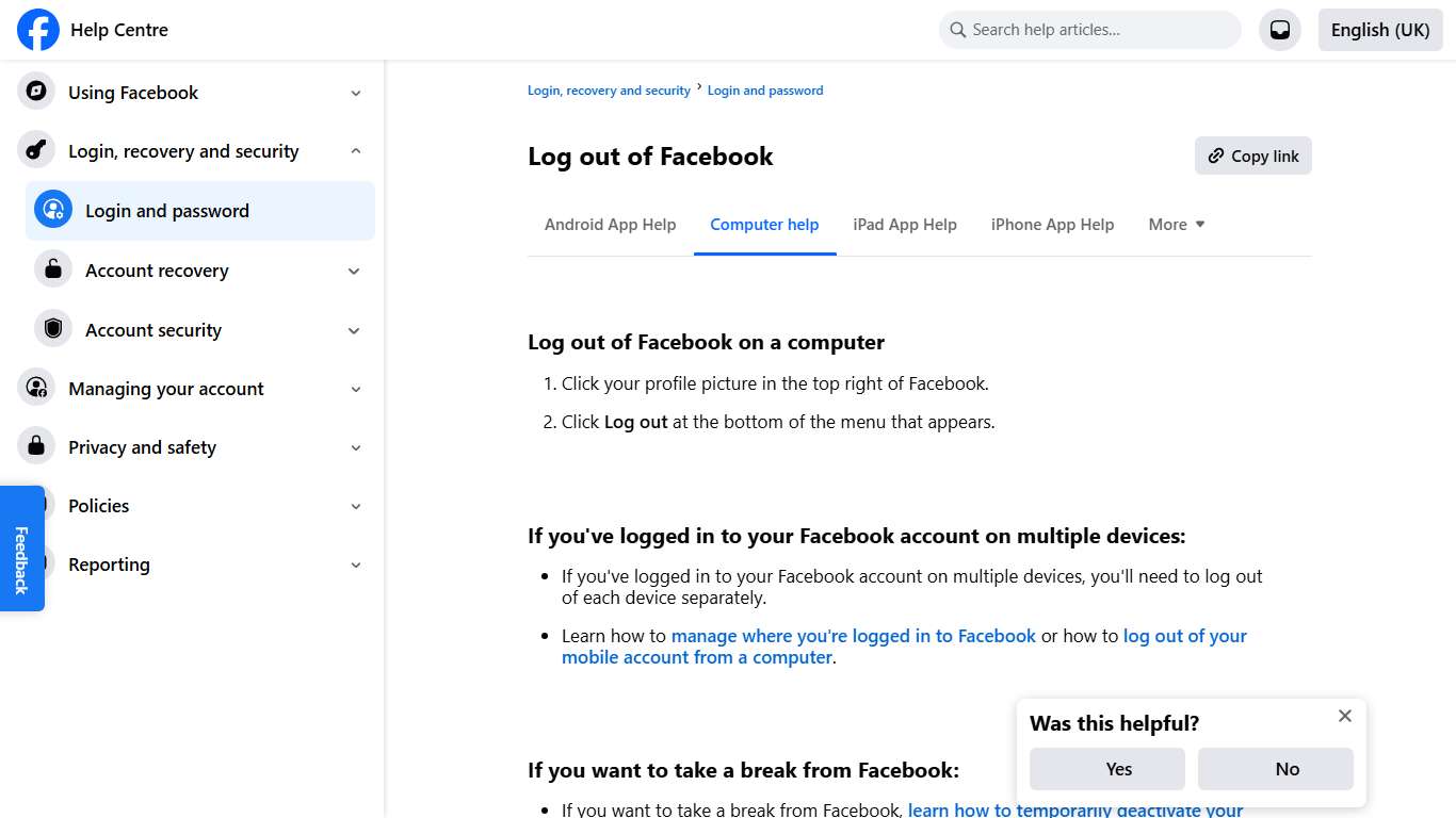 Log out of Facebook Facebook Help Centre